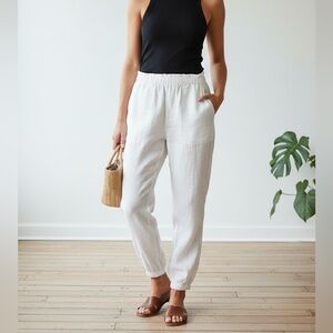 JOIE 100% Linen Jogger Pants Relaxed Elastic Waist Ankle Cuff Size Large White